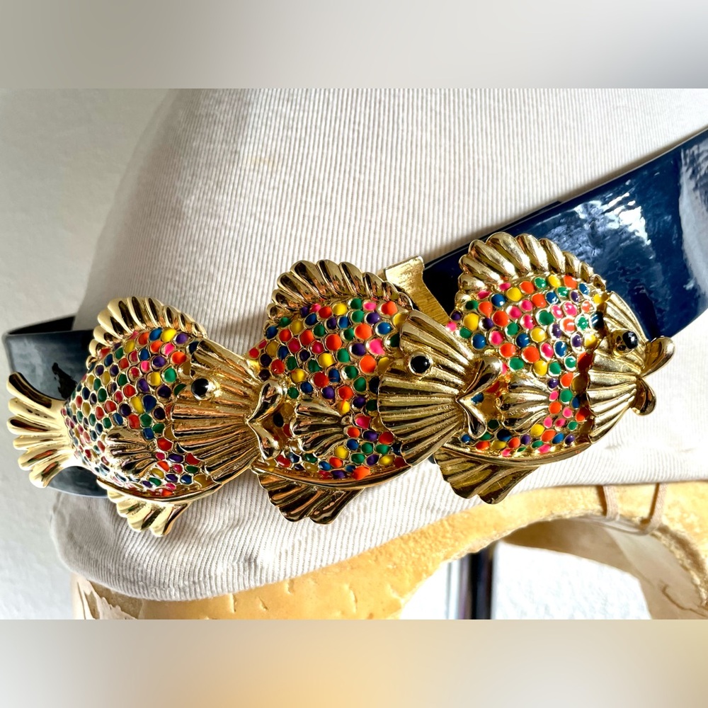 Vintage MiMi Di N Rainbow Fish Blue Patent Leather Belt